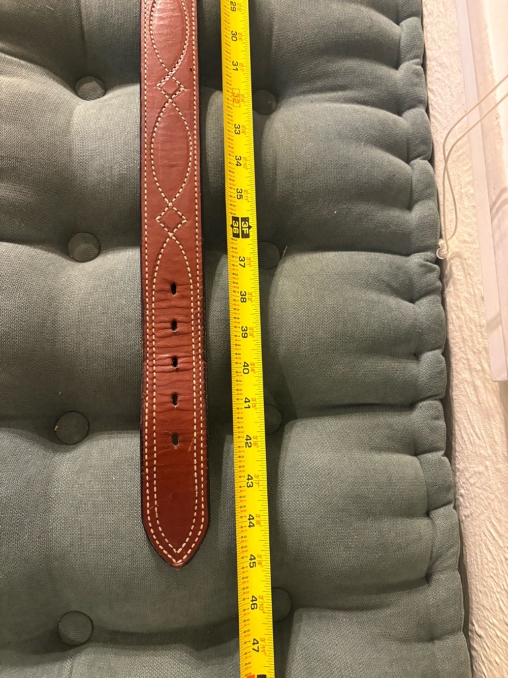 Bianchi Western Belt Brown Brass Buckle Geometric Stitching Men's ~ Size 45in - Picture 13 of 14